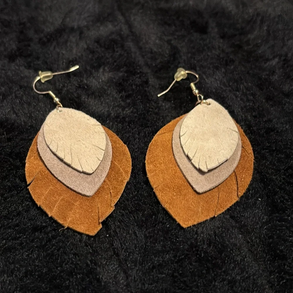Elegant leather suede Brown and Tan feather earrings casual dangle earrings leaf